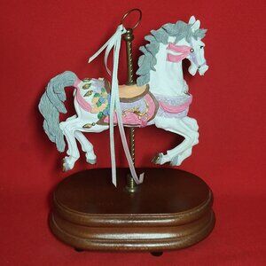 Vintage Musical Horse Carousel Bisque Porcelain Figurine Wood Base